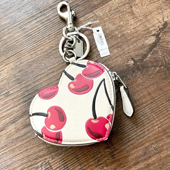 NWT Limited Coach CZ091 Leather Heart Coin Pouch Bag Charm With Cherry Print - Picture 2 of 6